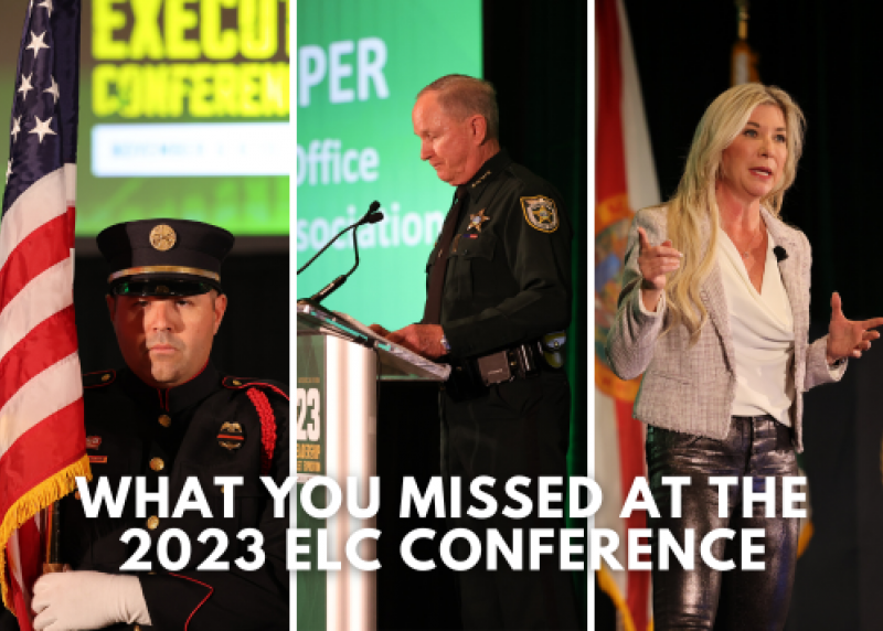 Three individuals speaking at the 2023 ELC conference with the text 