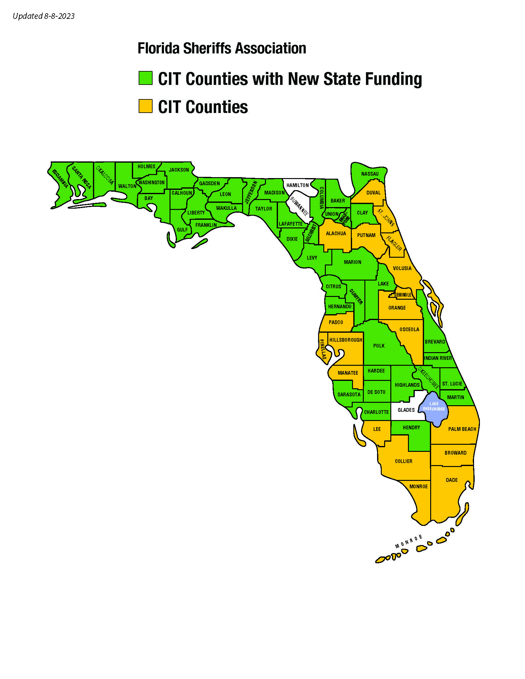 Color Map of Florida designation CIT Counties with New State Funding in green, and CIT Counties - 2014 in yellow